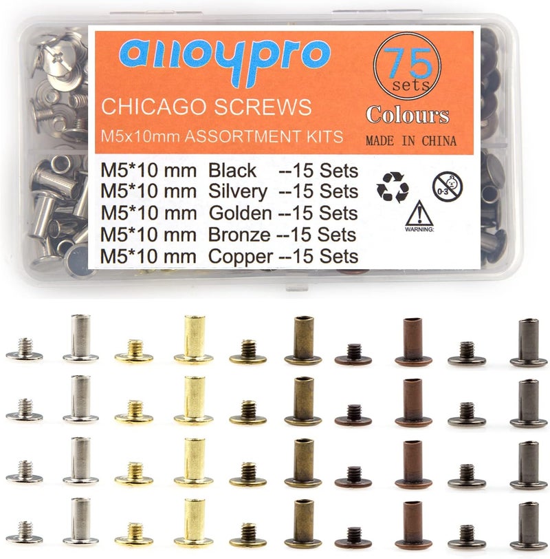 ALLOYPRO 75 Sets Chicago Screws Assorted Kit 5 Color Leather Rivets Screw Rivets Flat Fillister Book Binding Posts Nail Rivet Chicago Bolts for DIY Leather Craft Black Silver Golden Bronze (Colours 5×10mm) - Image 1